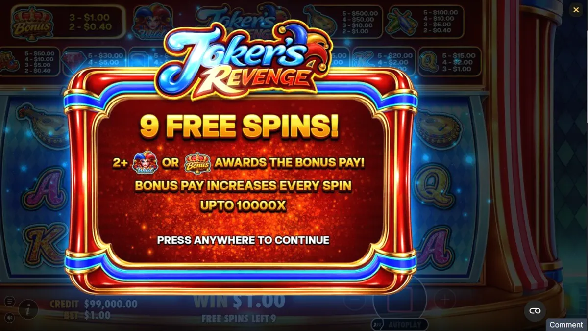 Interface do jogo de slot Joker's Revenge com elementos temáticos de arlequim e cores vibrantes.