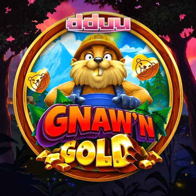 Cenário da floresta do jogo Gnaw’n Gold com elementos temáticos de castores e logs dourados