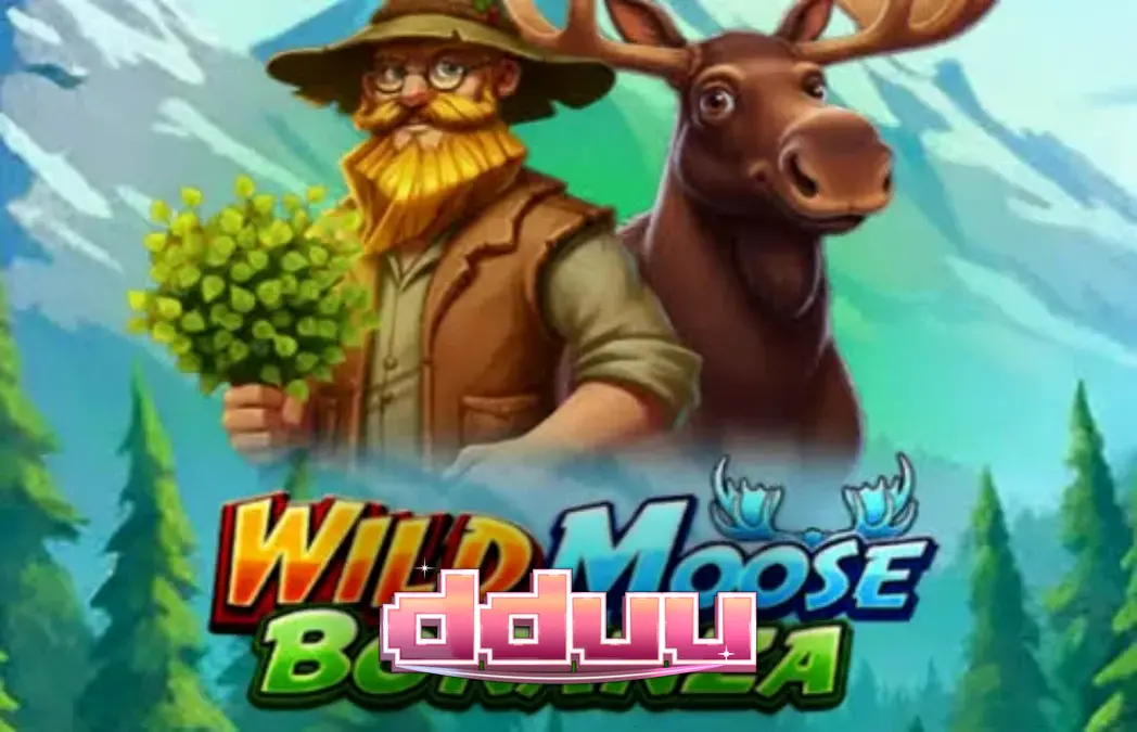 Cenário de floresta selvagem com alces e elementos de exploração do slot Wild Moose Bonanza